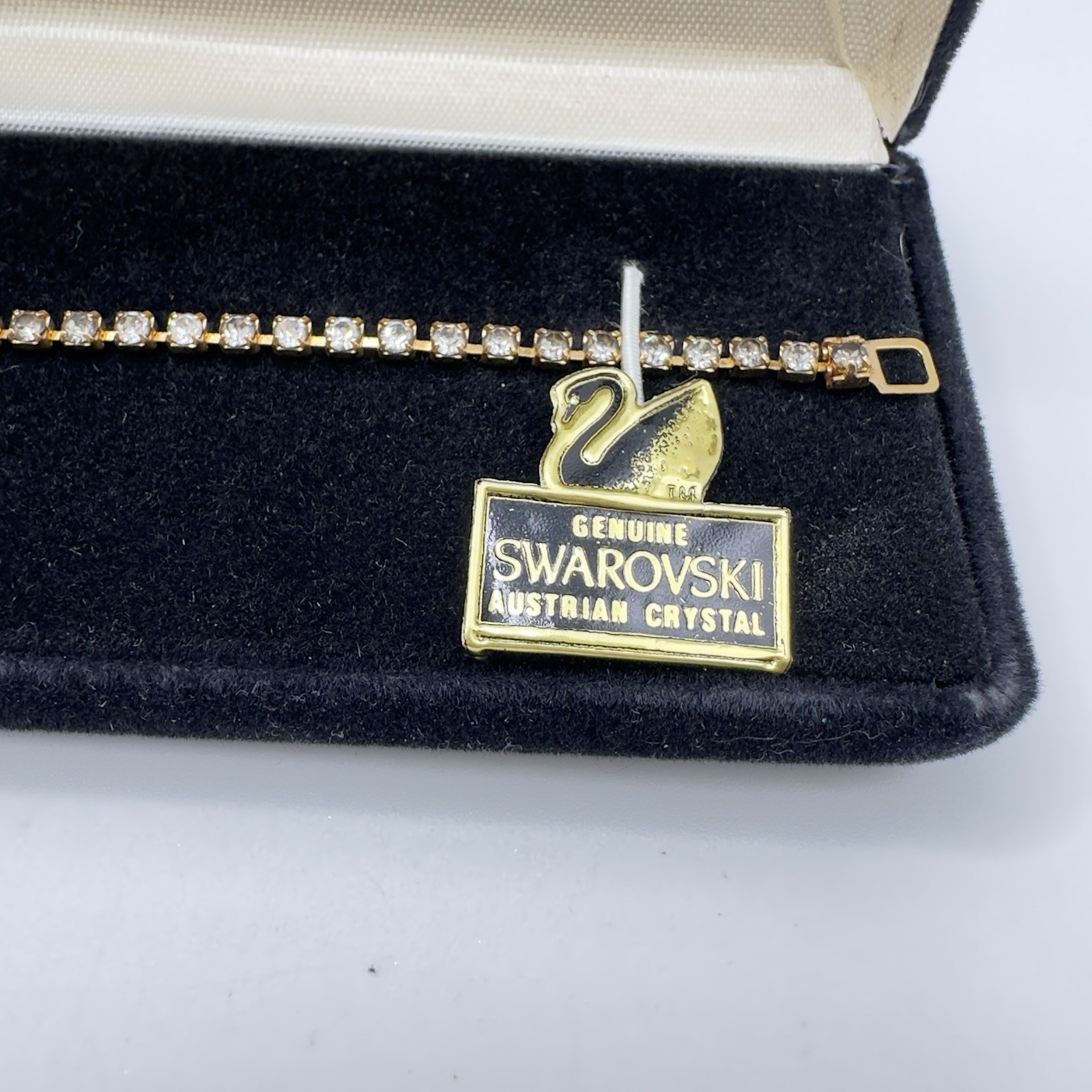 Vintage Swarovski Crystal Tennis Bracelet by Savvy With Box Dainty Gold Tone 7
