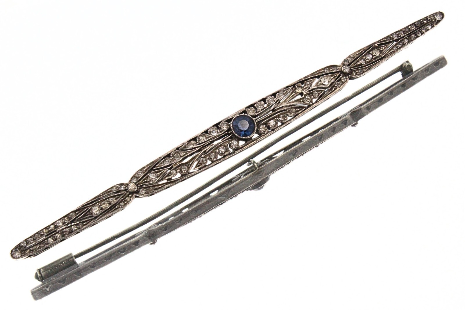 Antique French Edwardian Coin Slver Paste Glass Blue 5″ Trombone Bar Pin