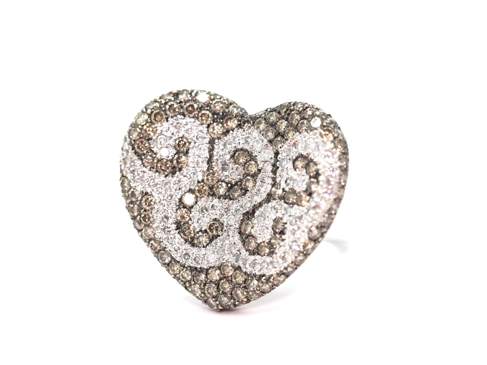 3.25 Ct White Gold Champagne and White Diamonds Heart Ring 18kt