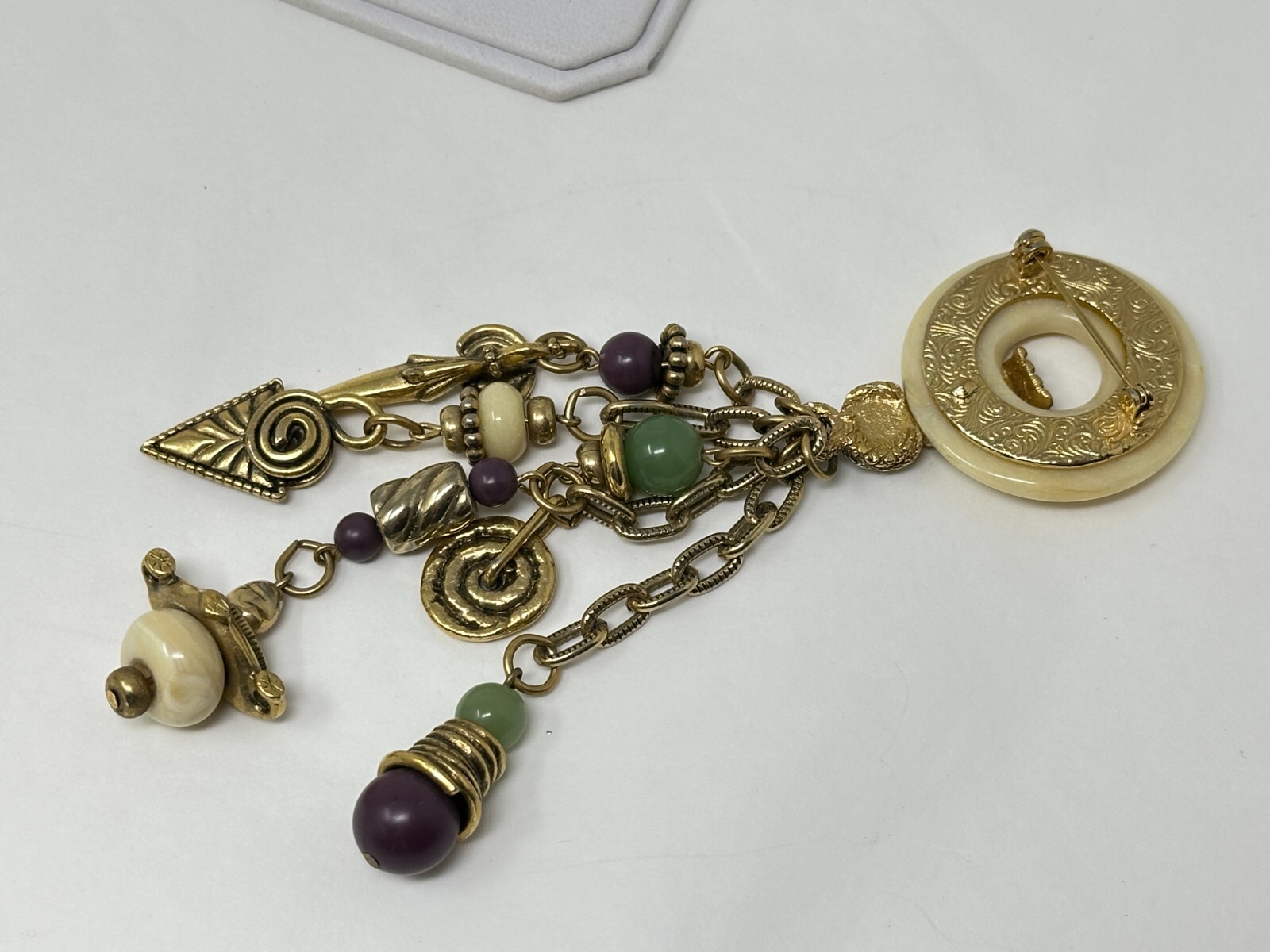 1928 Brand Goldtone Purple Cream Green Bead 5.75″ Long Fringe Brooch Pin