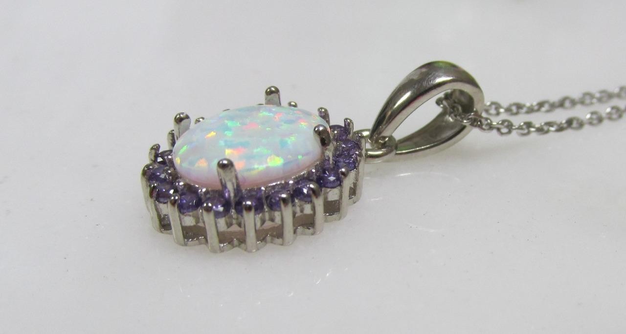 Sterling Silver Opal & Blue Stone Pendant w/ 18″ Sterling Chain ~ 3.6g ~ 10-C763