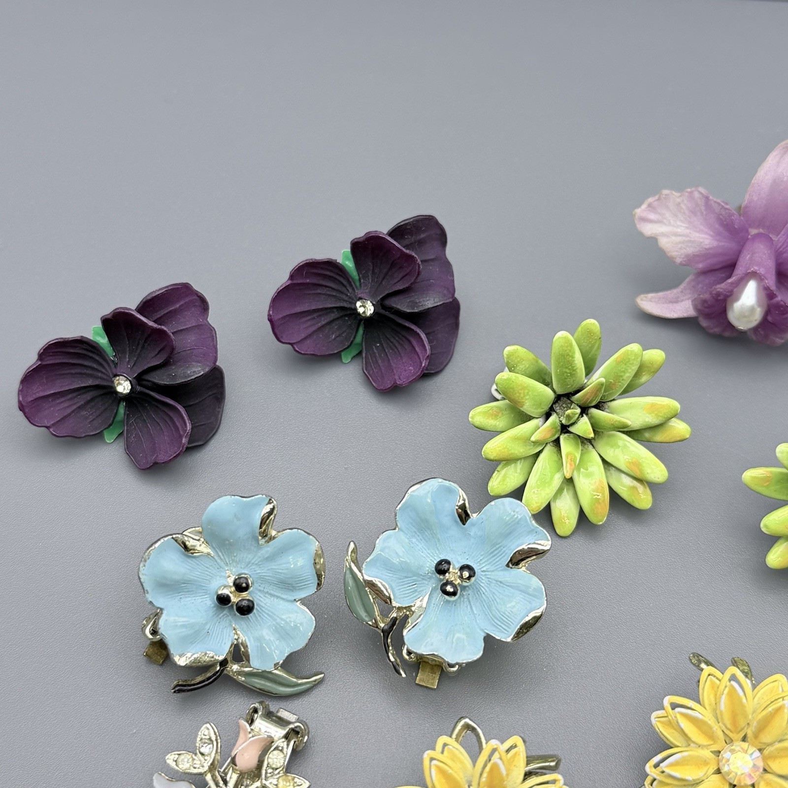 Vintage Flower Clip On Earrings Floral Lot Of 8 Orchid Pansies Tulip Multi Color