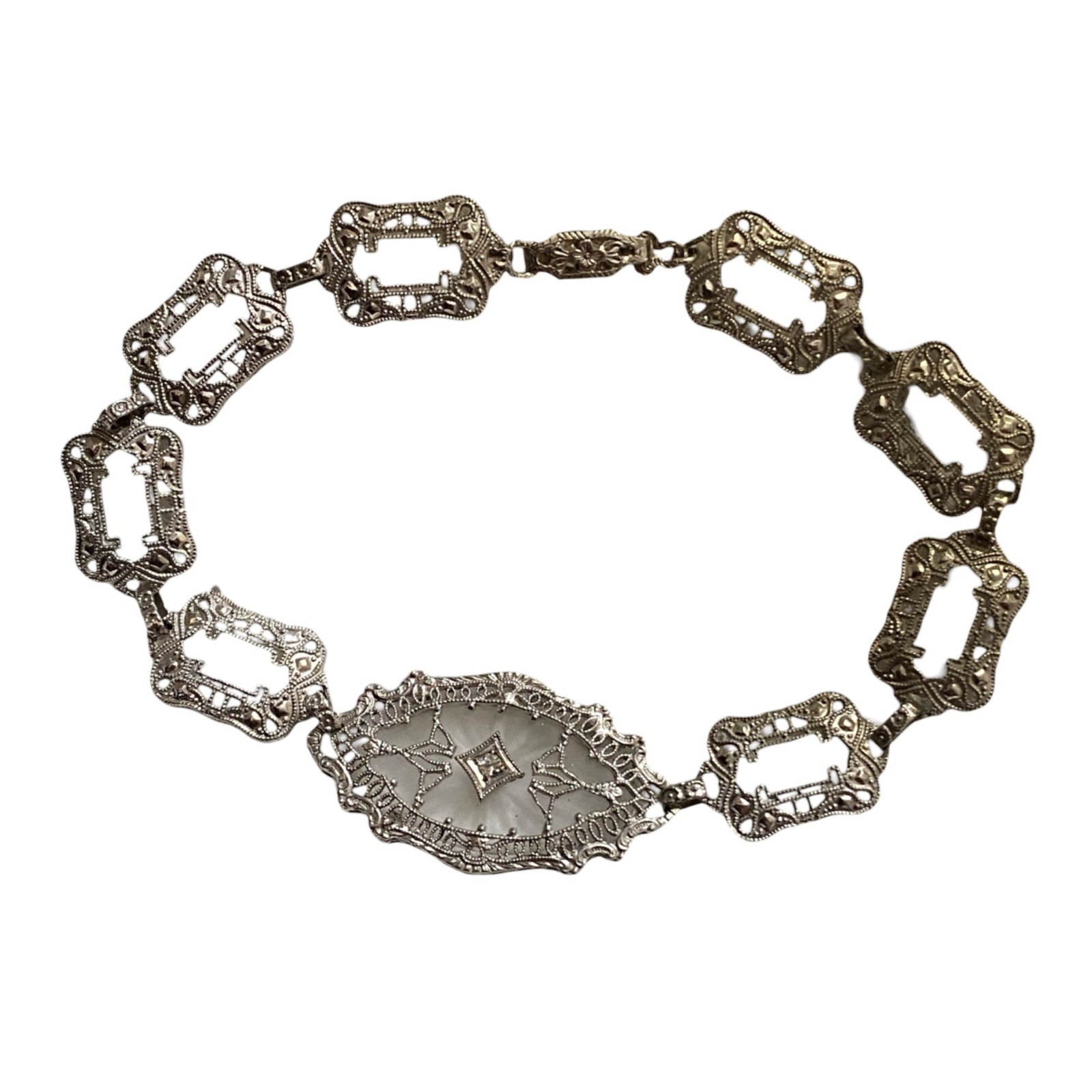 10K White Gold Camphor Glass Diamond Art Deco Filigree Bracelet 7.5″