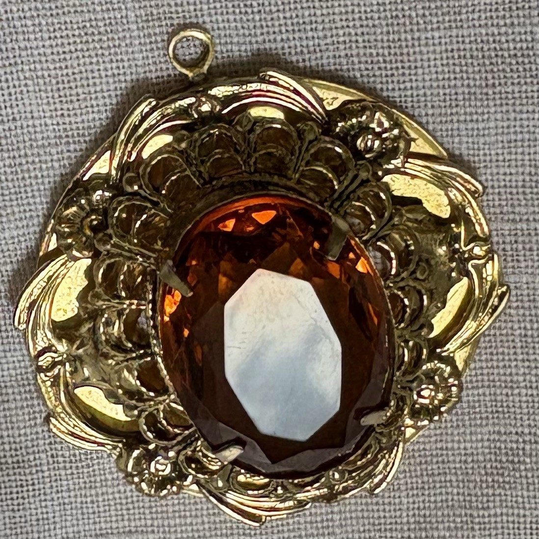 Vintage Victorian Revival Filigree Pendant Honey Amber Glass Gold Tone Ornate