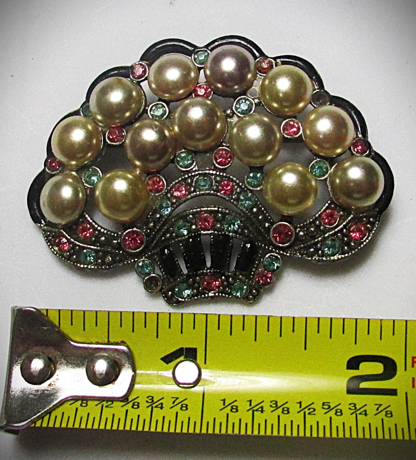 Art Deco New England Glassworks Basket Of Pearls, Enamel, Rhinestone Pin Brooch