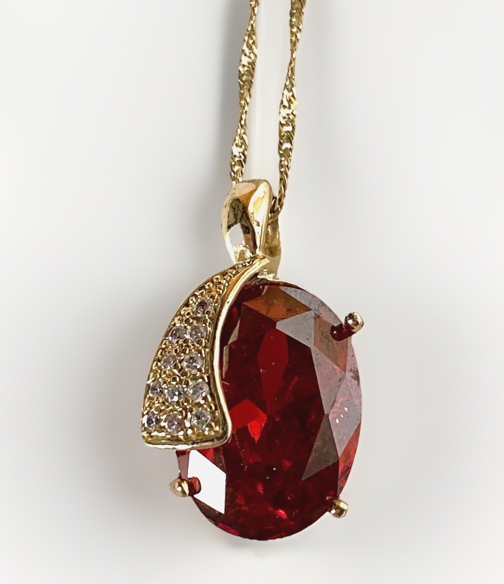 Fine Adj. Gold Plated Necklace with a Large 12 Ct Garnet Pendant 17″ to 18-1/2″L