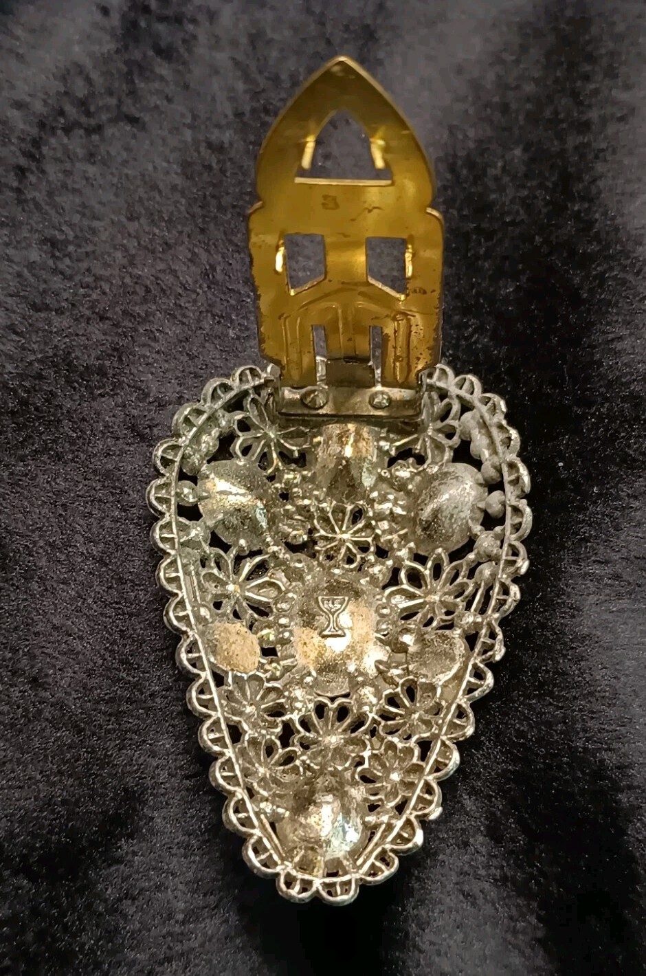 Vintage Filigree Dress Clip Signed NE (New England Glass Works) Multicolor Glass