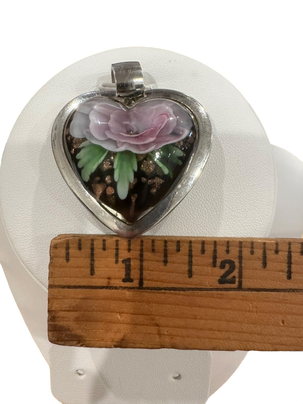 Metal Heart With Lucite Leaf and Flower Encased With Glitter Accent Pendant