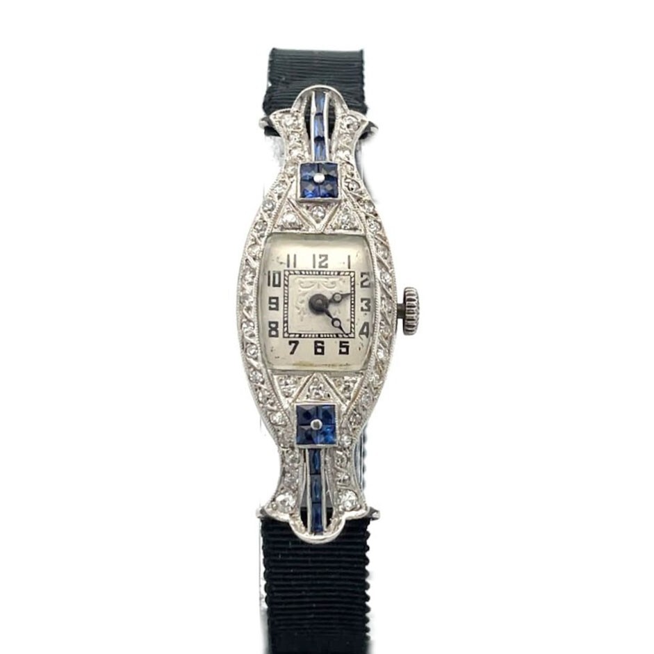 Art Deco Diamond Platinum Hand Wind Elongated Ladies Watch