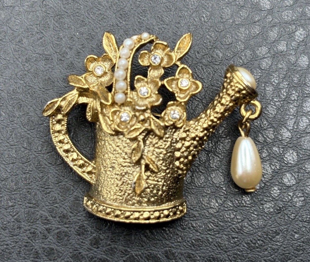 1928 Brand Gold Tone Faux Pearl Rhinestone Flower Watering Can Gardening Brooch