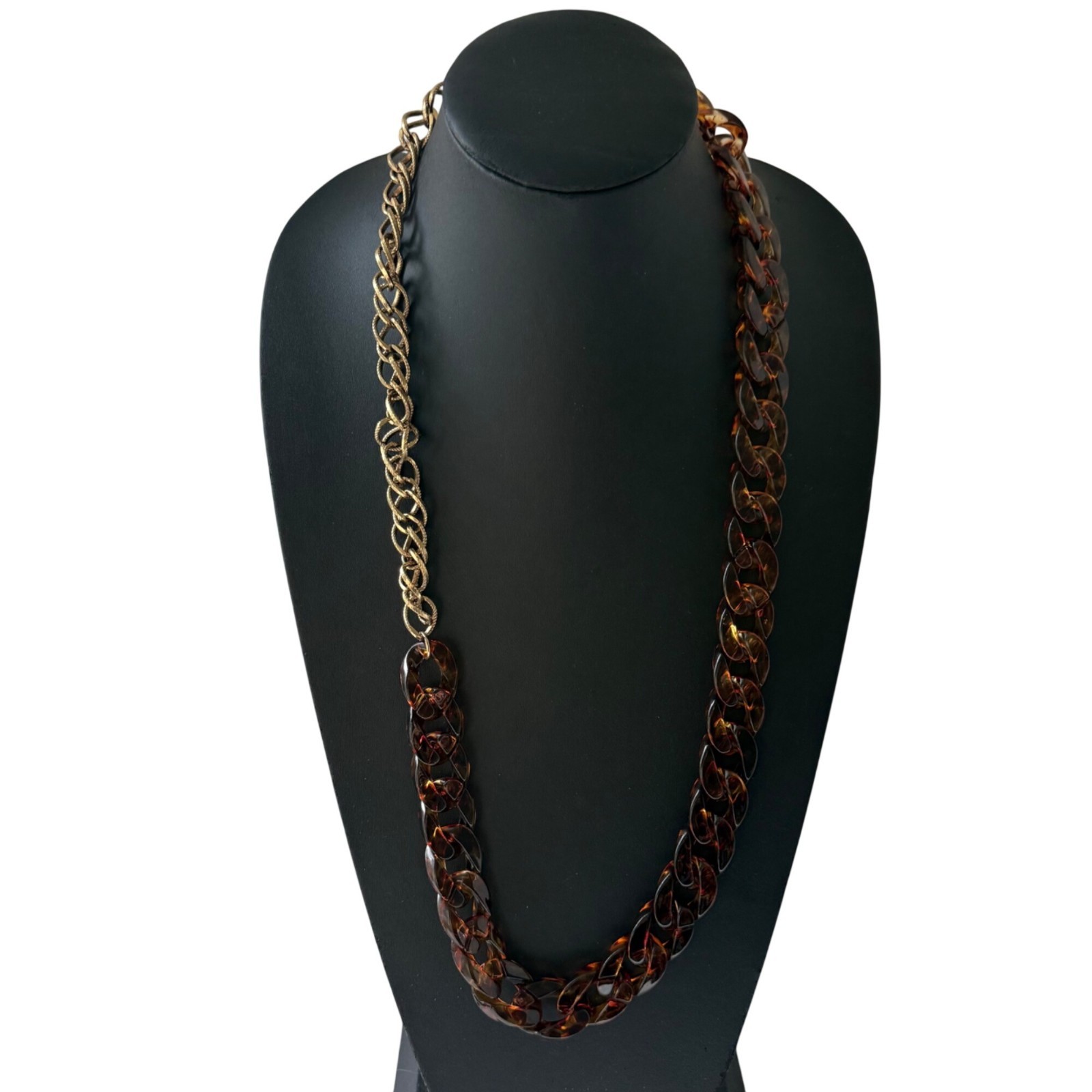 Vintage Gold-Tone Tortoise Shell Patterned Acrylic Links Chain Necklace 30″