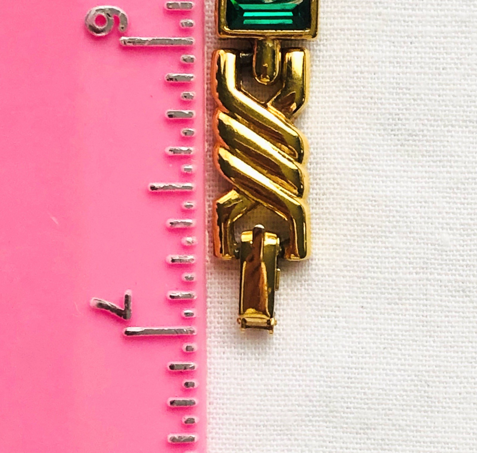 Simulated Emerald Link Bracelet May Birthstone 90s Etruscan Style Jewelry 7″