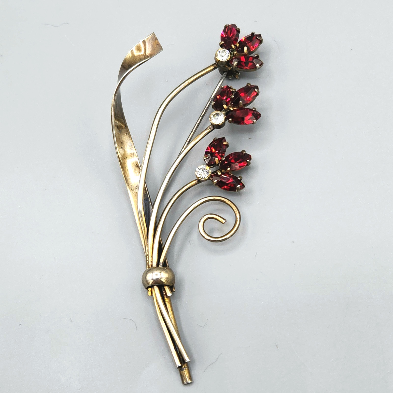Retro Gold Wash Sterling Silver Siam Red Marquise Glass Flower Bouquet Brooch