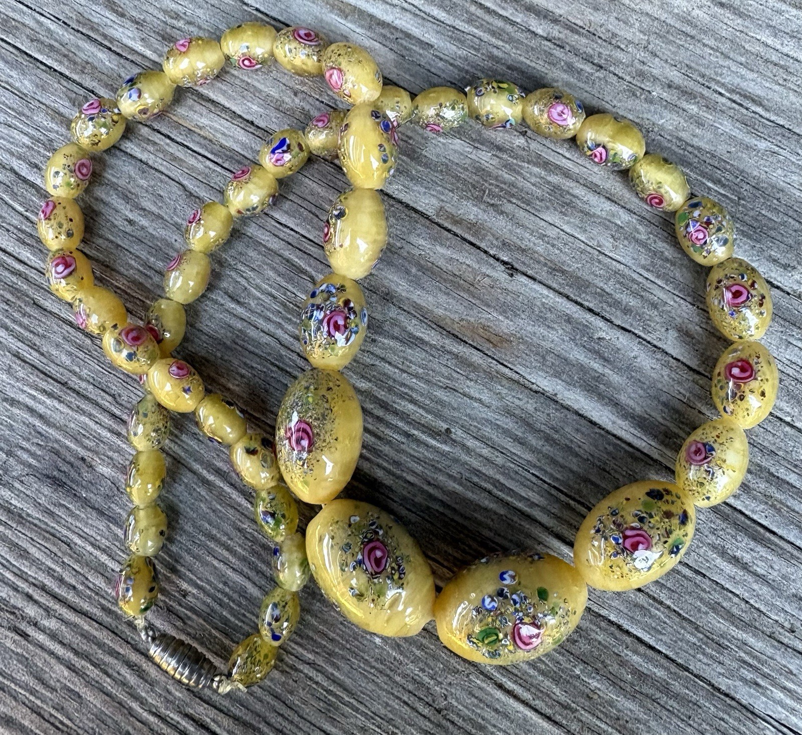CZECH 1920’S NECKLACE YELLOW SATIN GLASS BEADS WITH FLOWERS 19.6″ Long