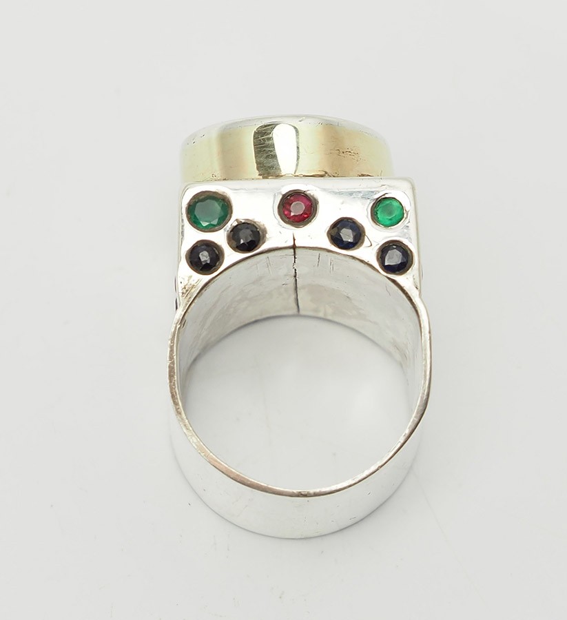 Unusual handmade sterling silver gold vermeil ruby sapphire emerald ring sz 6
