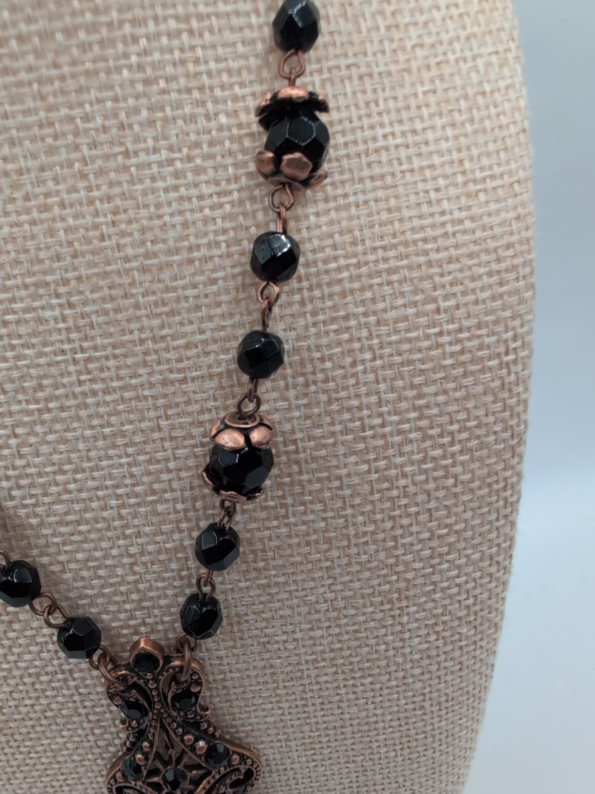 Victorian Revival Copper & Black Beaded Pendant Necklace 24″