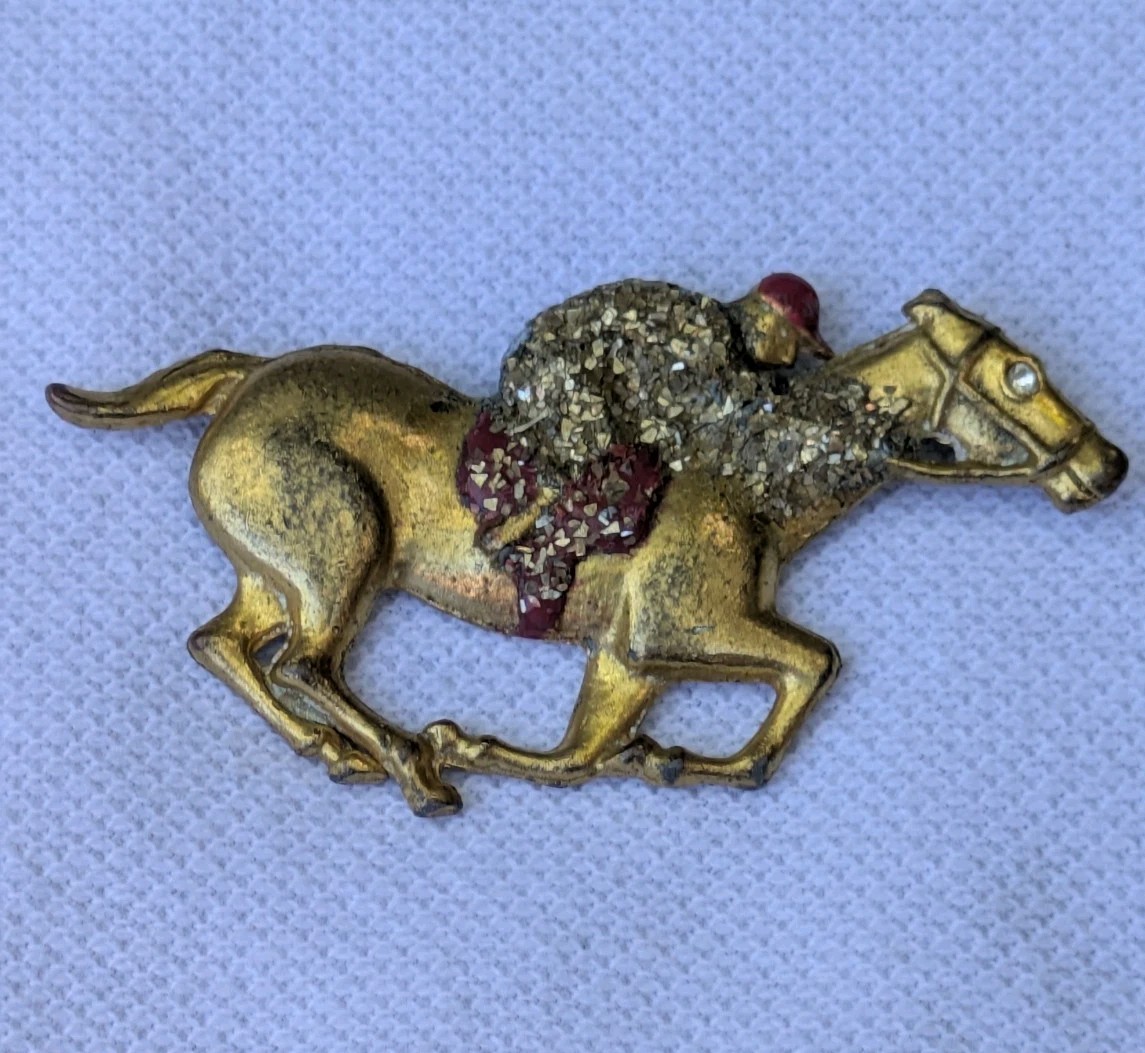Antique Glass Glitter on Brass Race Horse & Jockey Brooch Pin C Clasp AS IS D92