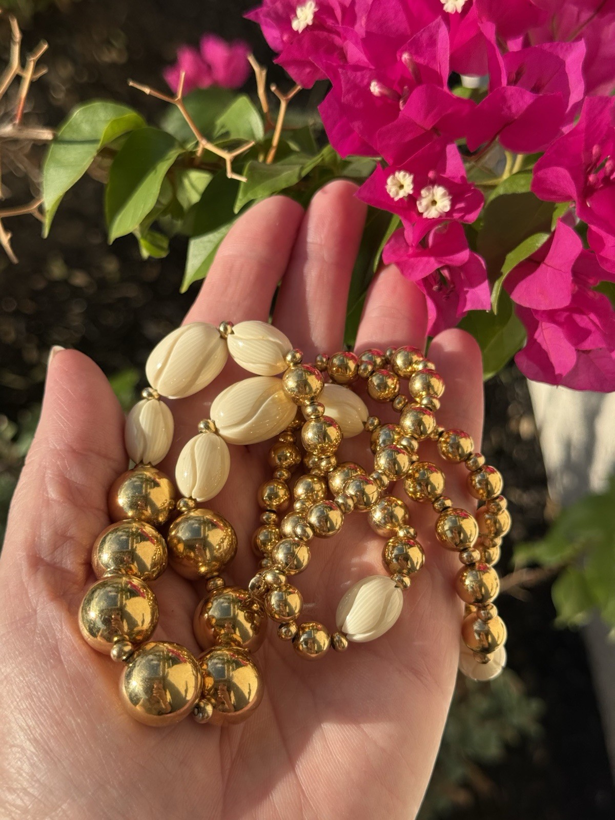 Vintage Napier Carved Swirl French Ivory and Gold Beaded Statement Necklace