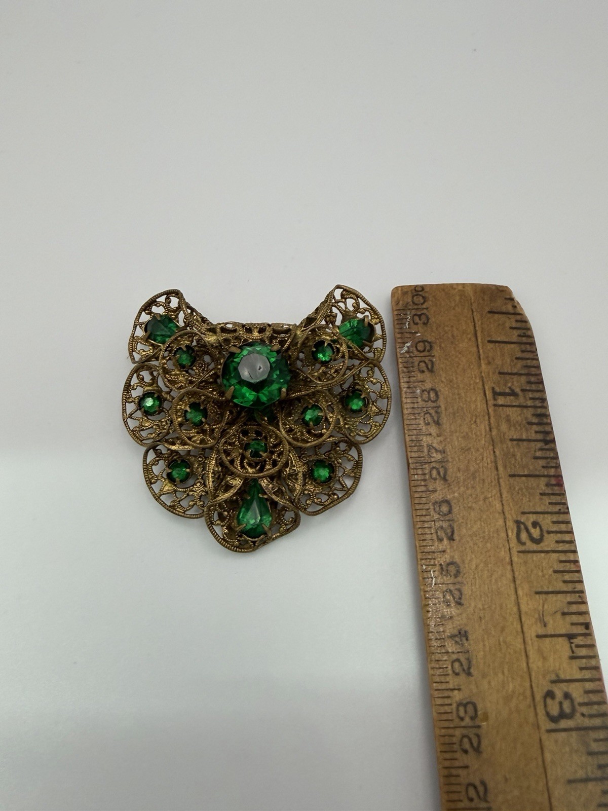 Victorian Czech Gold Tone Filagree Green Stone Dress Clip/ Pin Antique