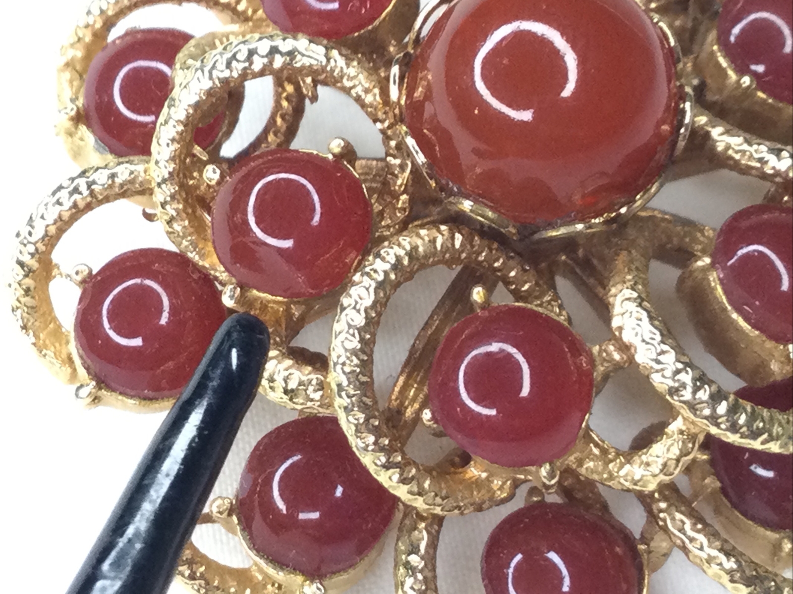 Vintage Sunburst Flower Swirl Brooch Pin Carnelian Goldtone 2” Multi Stone Retro