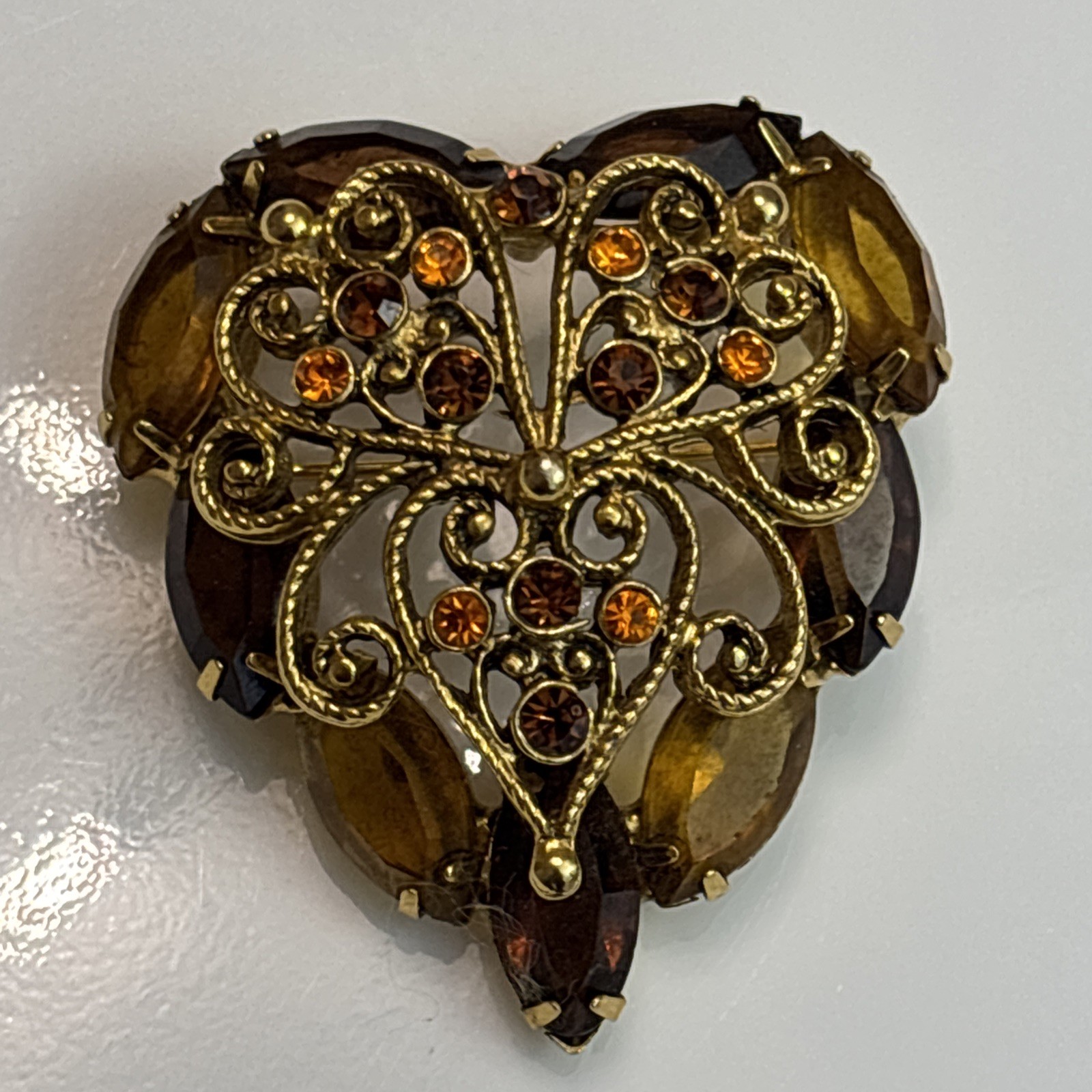 Juliana Delizza Elster Vintage Fall Heart Design Brooch Glass Gold Plated 5c