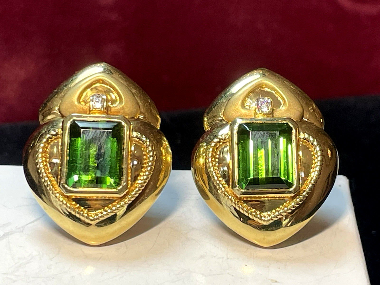 18K GOLD GREEN TOURMALINE & DIAMOND EARRINGS SIGNED OMEGA 23grs APPRAISAL $5,000