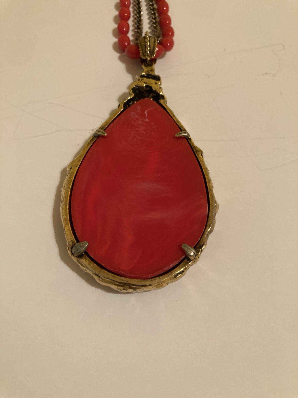 Vintage 1960s Brutalist Love Witch Necklace Deep Coral Lucite Gold Pendant