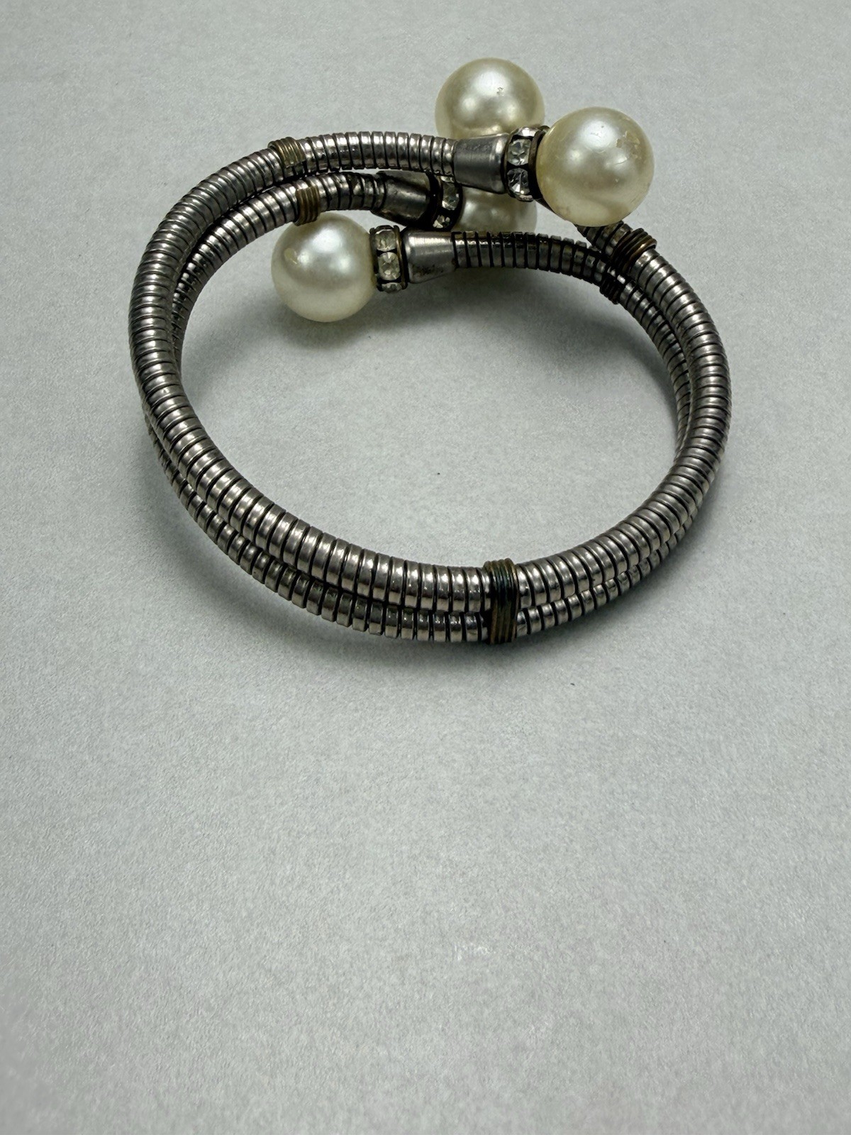 Pearl Rhinestone Wrap Bracelet Multi Strand Silver Tone Statement