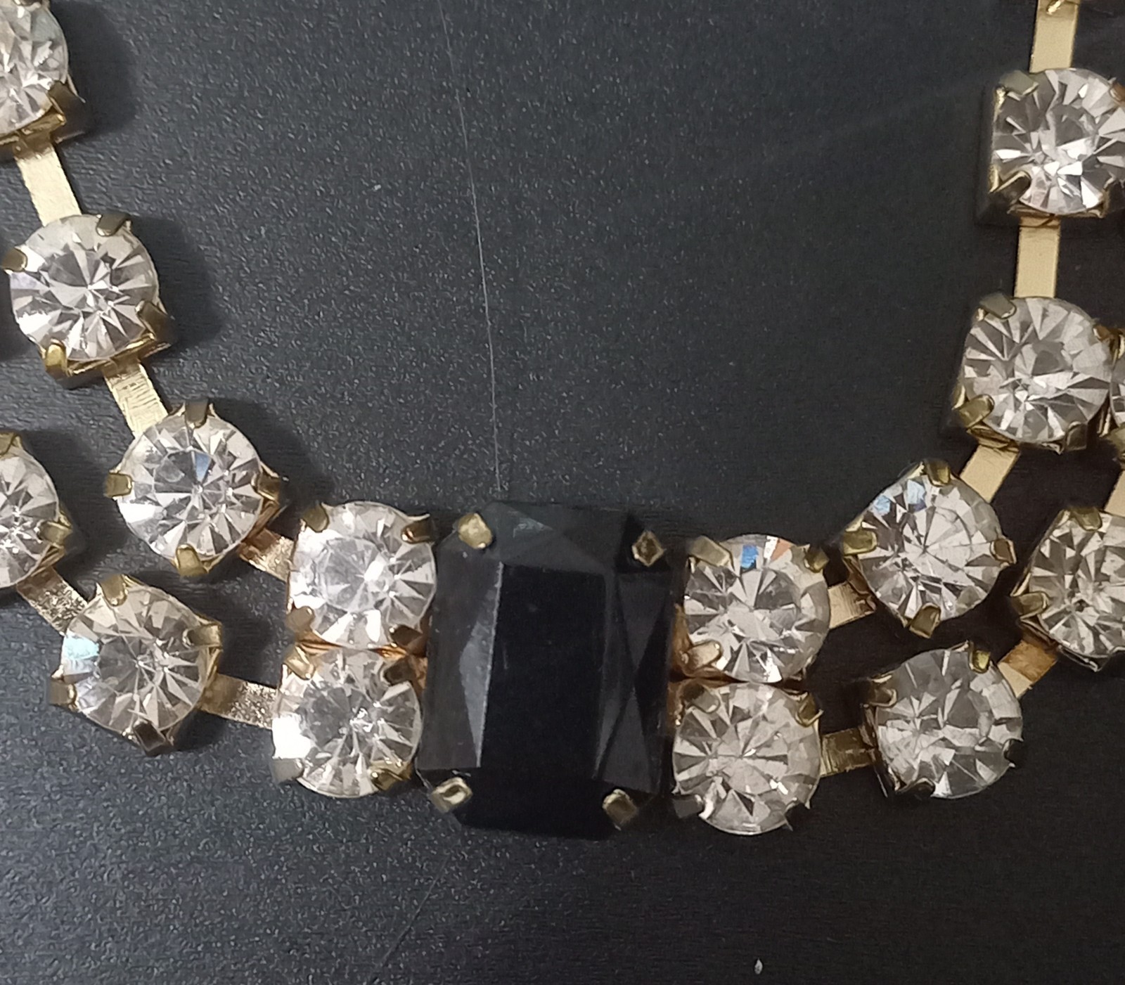 Vintage Gold Tone Clear Rhinestone & Black Emerald-Cut Stone Statement Necklace