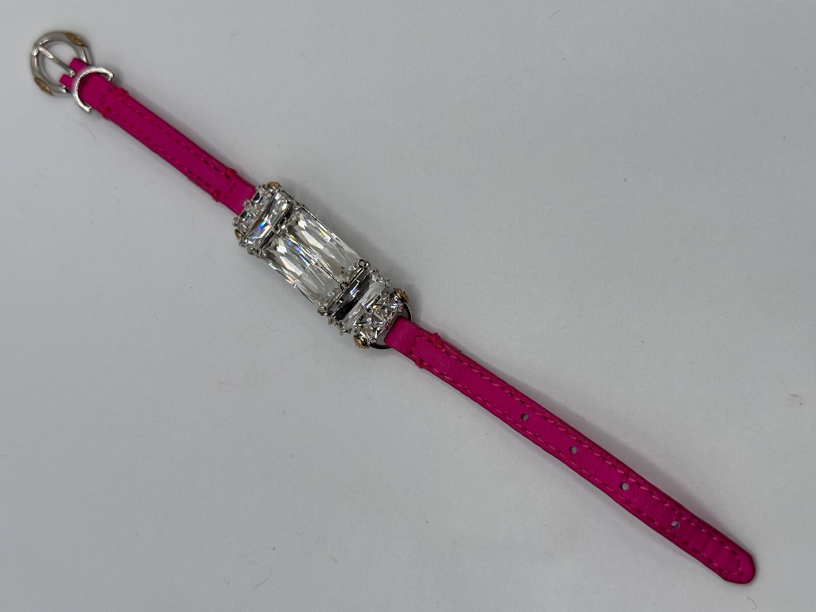 GOLD SILVER PLATED CRYSTAL FUCHSIA PINK SKIN HENRI BENDEL SIGNED BUCKLE BRACELET