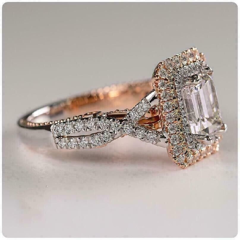 Art Deco 2Ct Emerald Cut Simulated Diamond 925 Silver Engagement Bridal Ring
