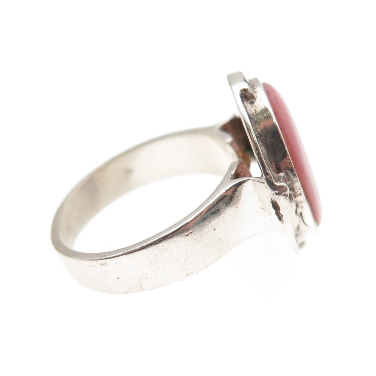980 Silver Vintage Real Pink MOP Modernist Oxidized Ring Size 6.25