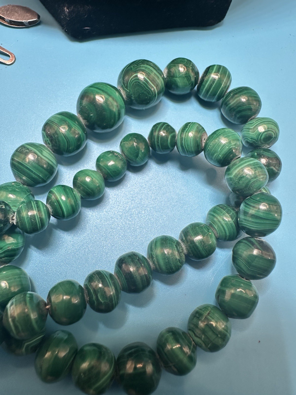 Vintage Malachite Stones Stunning Necklace 22.5” .925 Sterling Fish Hook Clasp