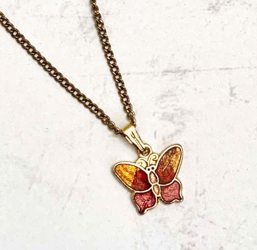 Butterfly necklace-enamel charm 1/20 12k gold fill whimsical fairy fantasy
