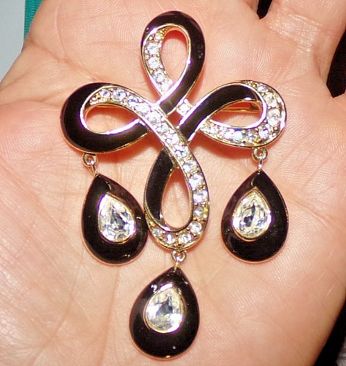 TRIFARI TM signed dangle pin with black enamel & rhinestones-OMG!!
