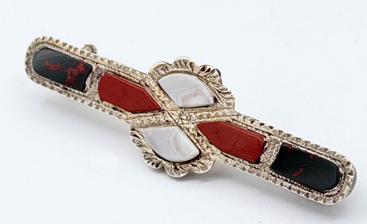 Antique 1902 Birmingham England Edwardian Scottish Agate & Sterling Pin
