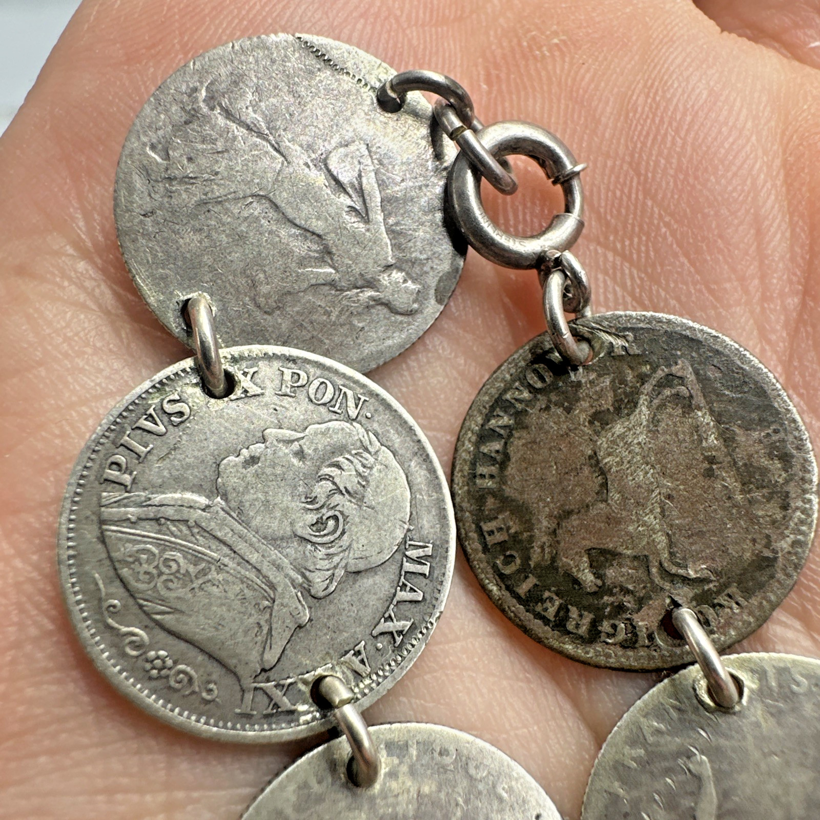 Antique Multinational Coin Link Silver Bracelet Years 1853 – 1903 19g Sz 6.25