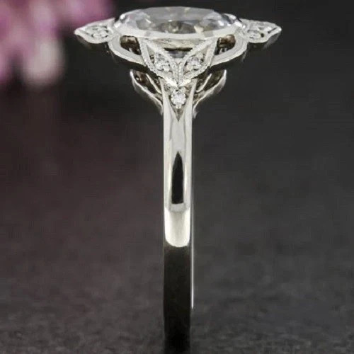 Art Deco Style Filigree Oval Lab Created Diamond Wedding 14K White Gold FN Ring