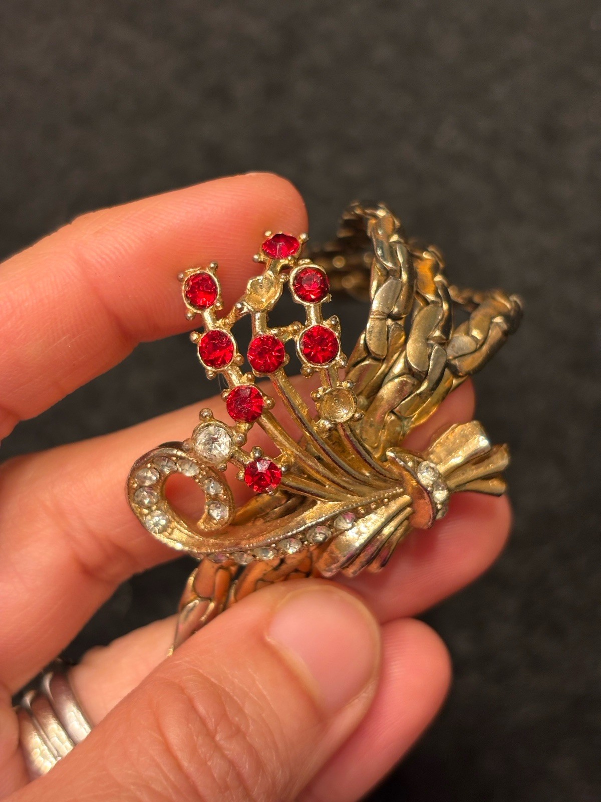 RARE VTG CORO? GOLD TONE CRYSTAL RHINESTONE BOUQUET TRIPLE ROW BRACELET *43.6 g