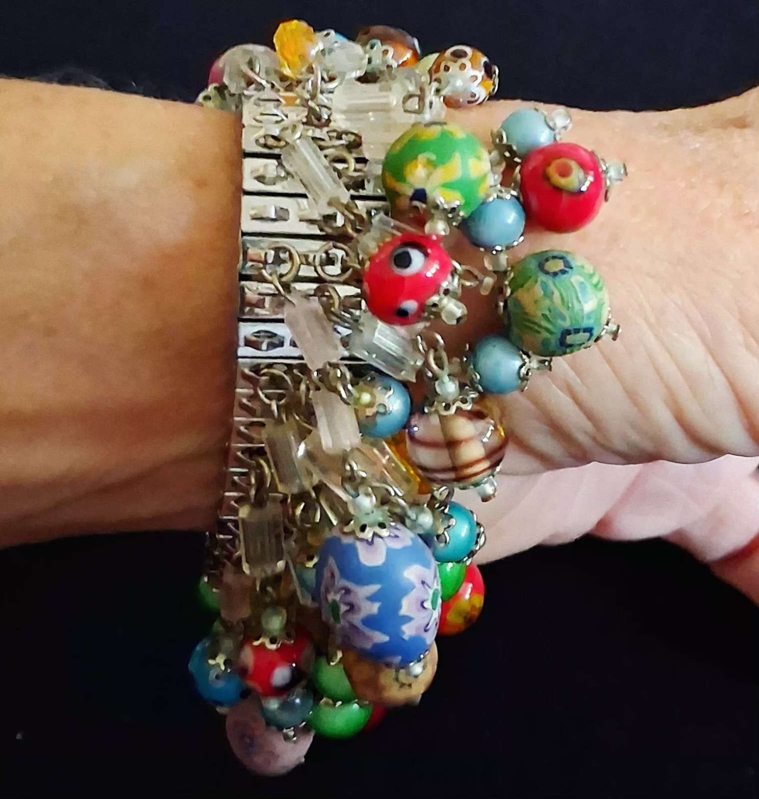 Vtg Cha-Cha Charm Bracelet Millefiori Venetian Glass Clay Crystal Beads Stretch
