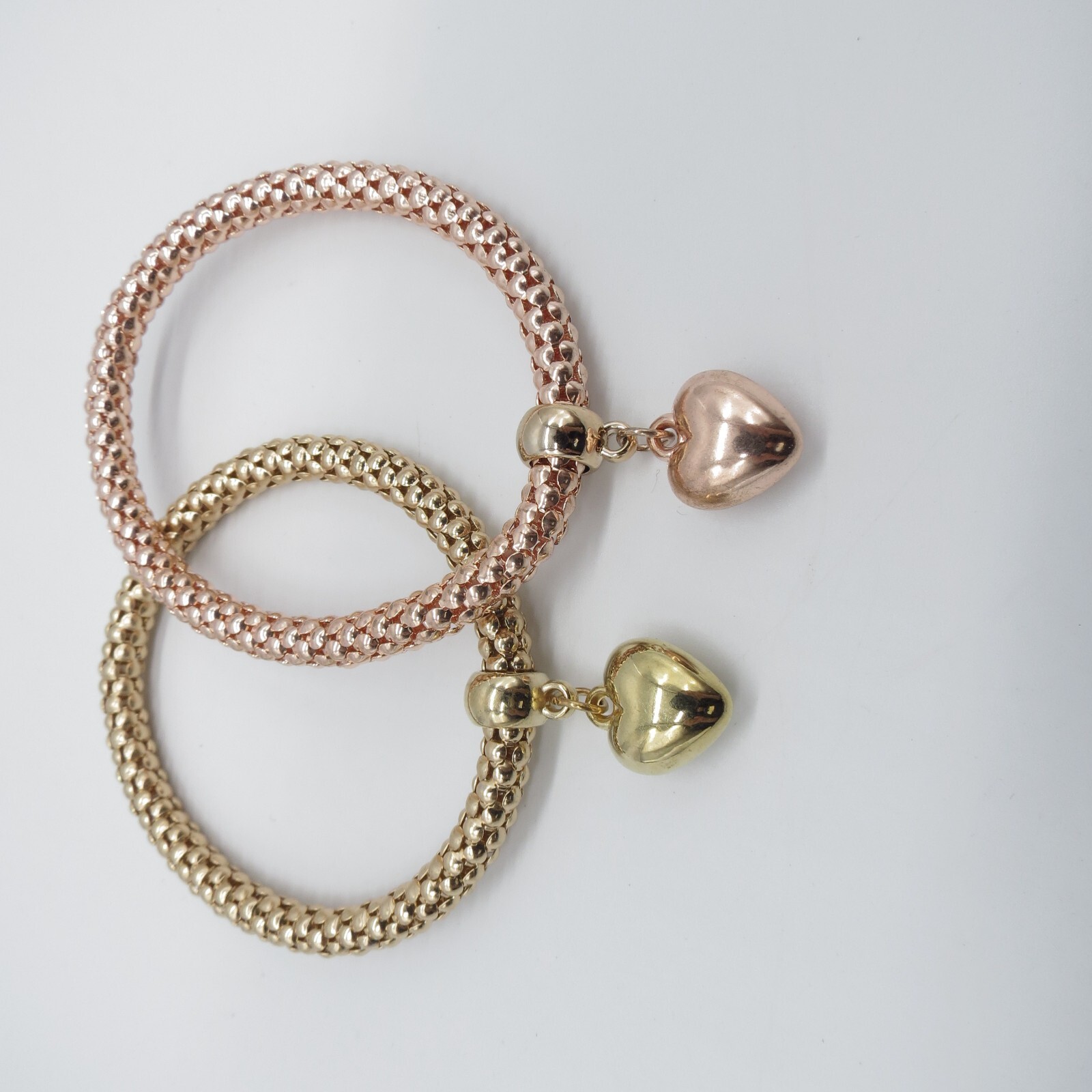 2Pc Puffy Heart Charm Stretch Bracelet Gold Rose Gold Tone Popcorn Chain