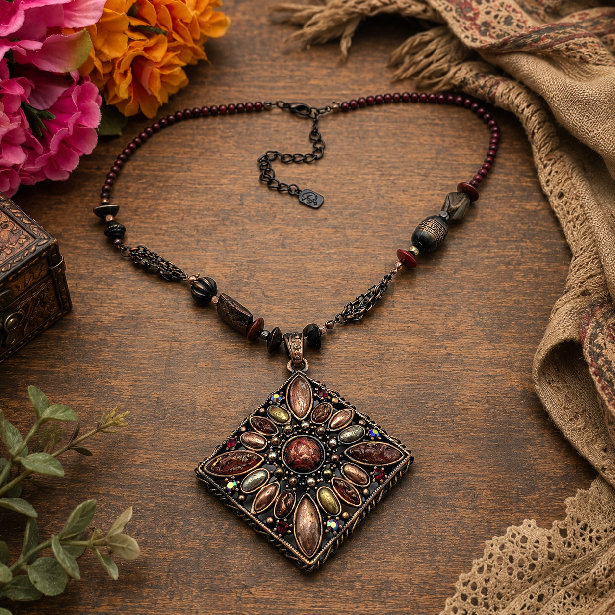DaVinci Mosaic Statement Pendant Necklace Copper Tone Beaded 19 in Boho Vintage