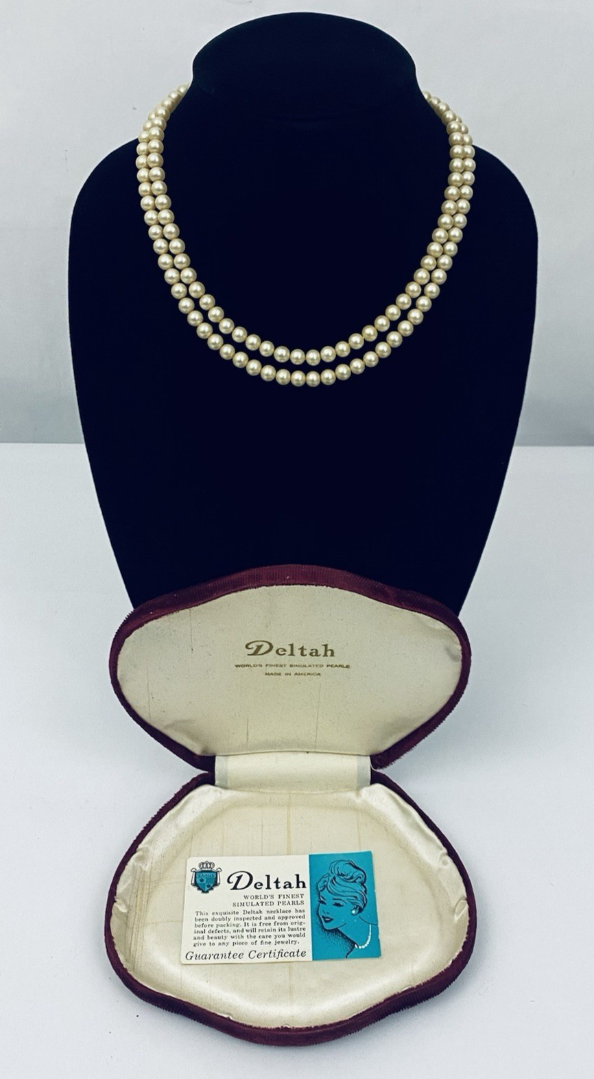 Vintage 18″ Deltah Simulated Pearl Necklace Double Strand 6.5 mm with Case