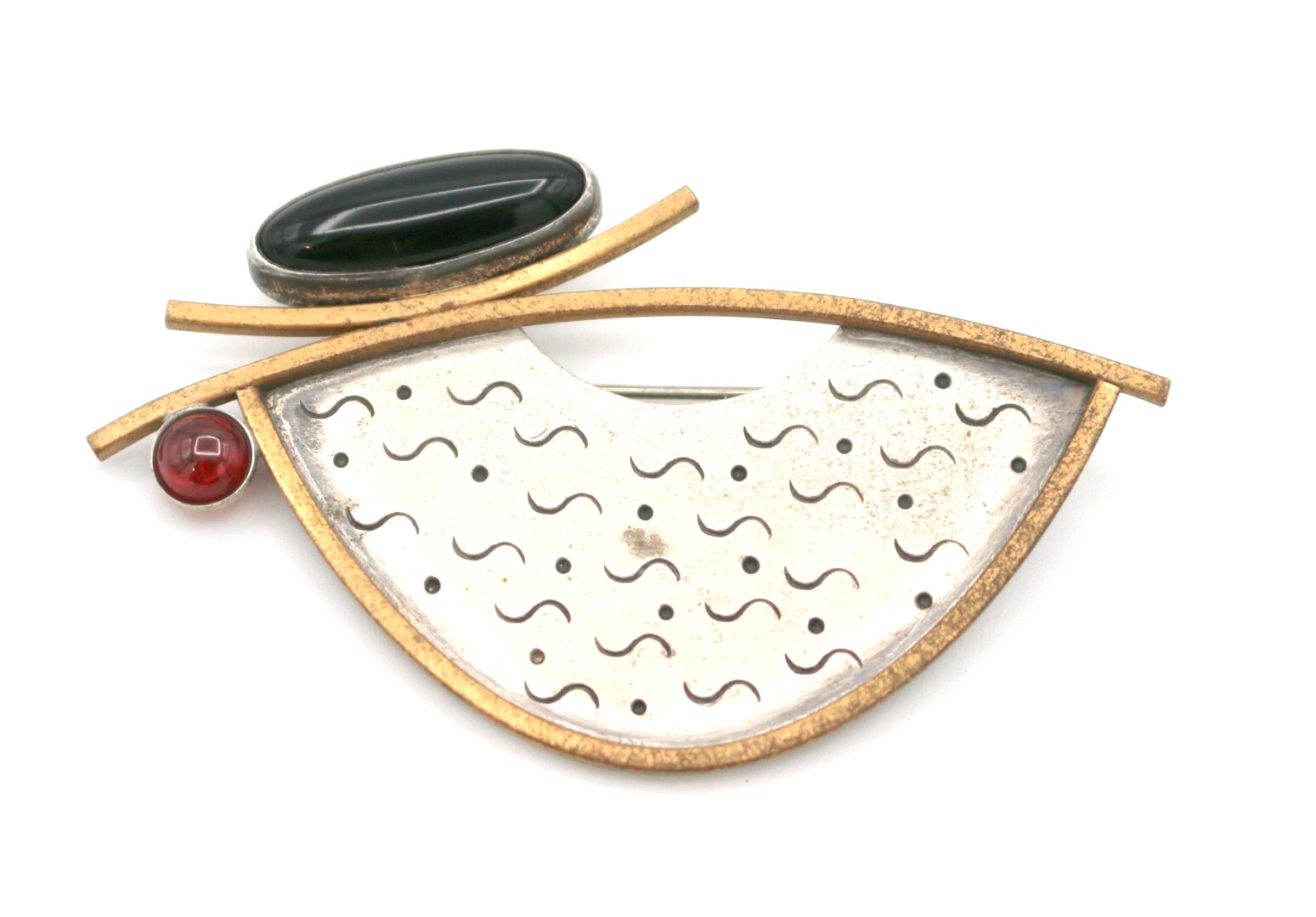 VTG Modernist Deborah CLOSE Sterling Mixed Metal Garnet Cabochon Onyx Pin Brooch