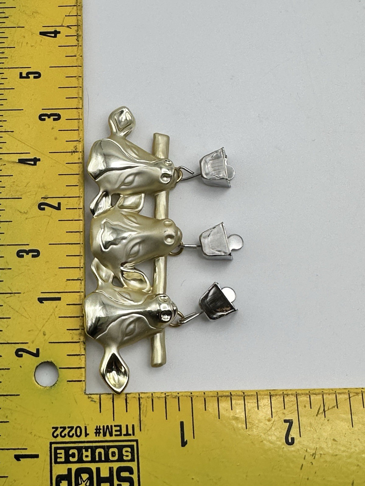 Vintage Gold Tone 3 Cow Brooch Pin with Dangling Silver Tone Bells Signed AJC