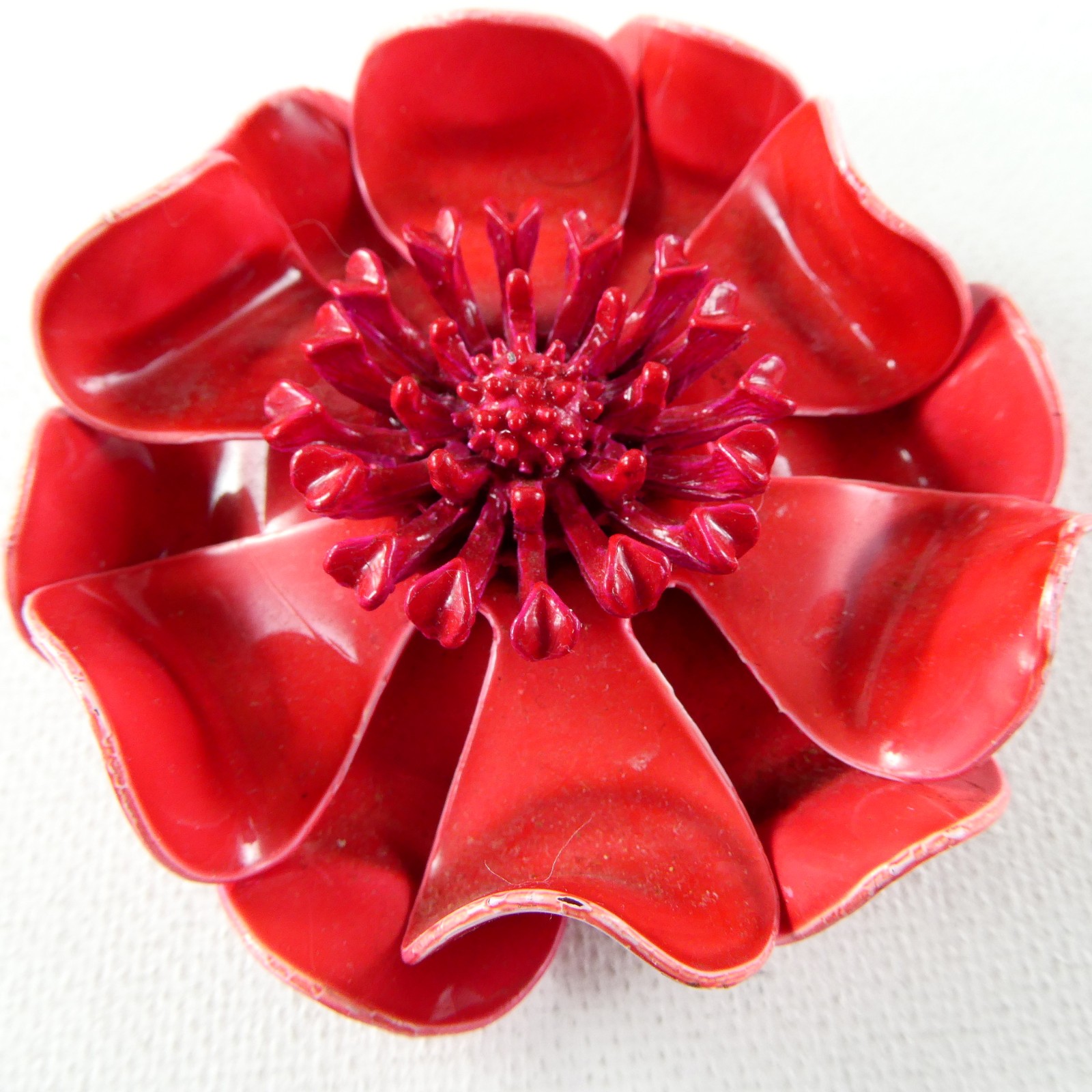 Vintage RED Metal Enamel Flower Pin Brooch Raised Petals Double Layered Retro