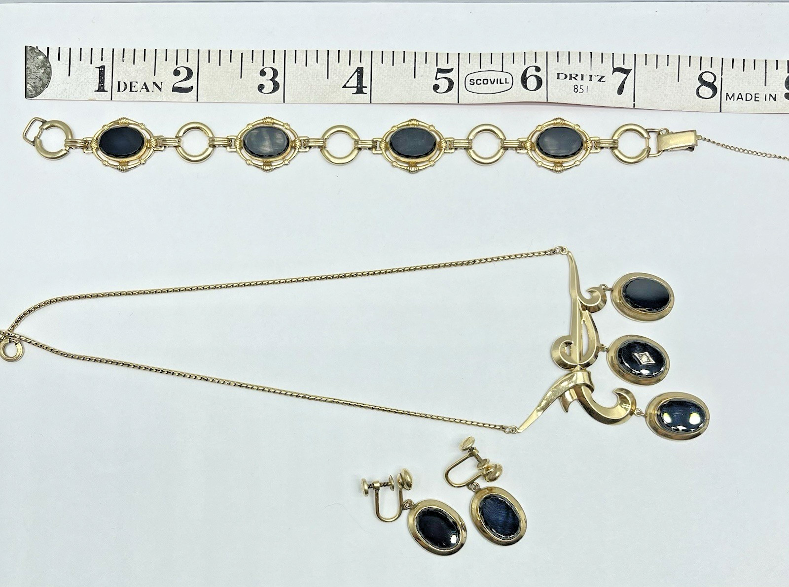 Vtg. CM 1/20 12KT GF Jewelry Set Necklace, Bracelet & Earrings Black Glass -MC