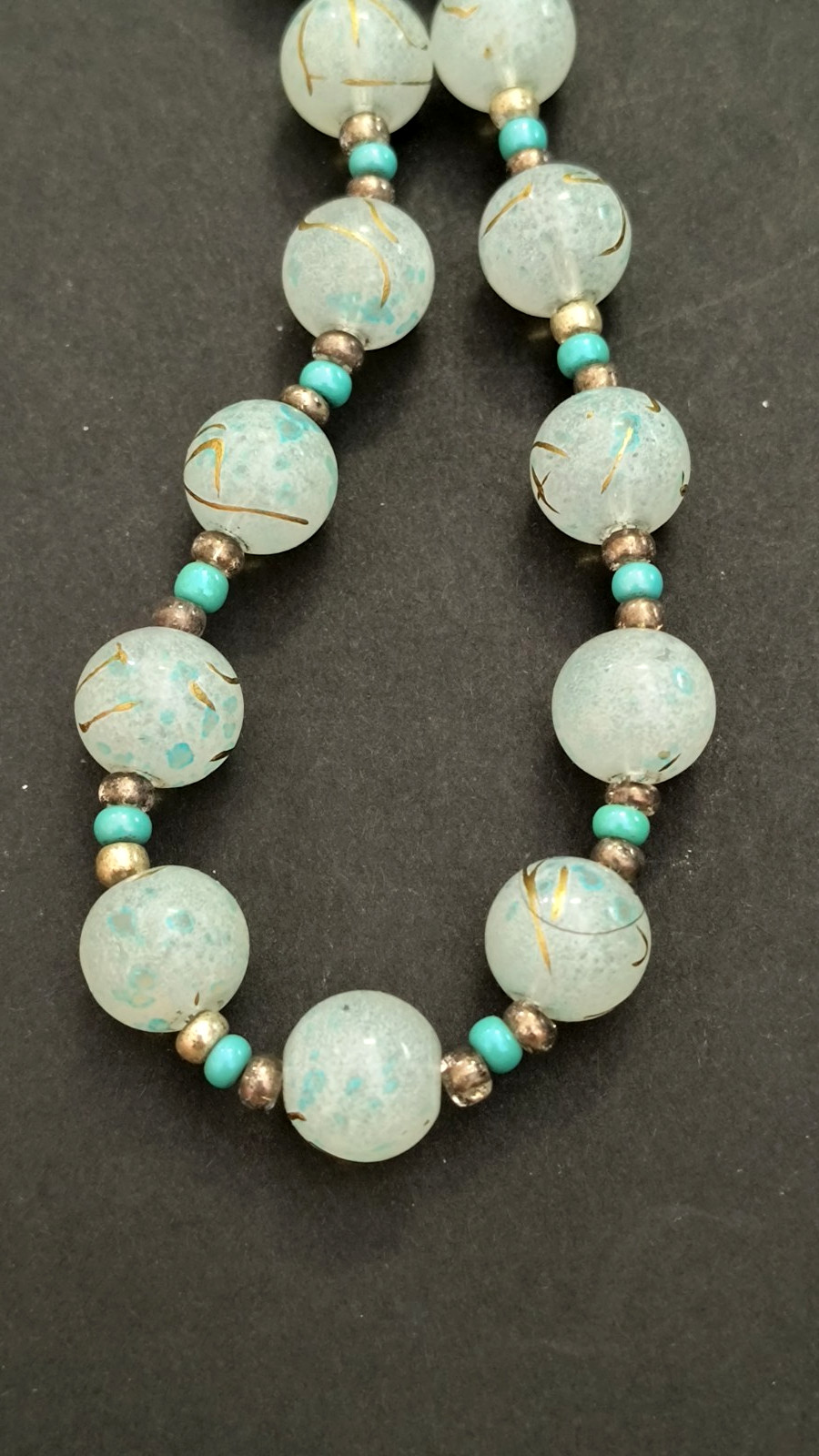 VTG Turquoise & Hand painted Glass Beads / 18″ Necklace, 1900s Venetian Murano
