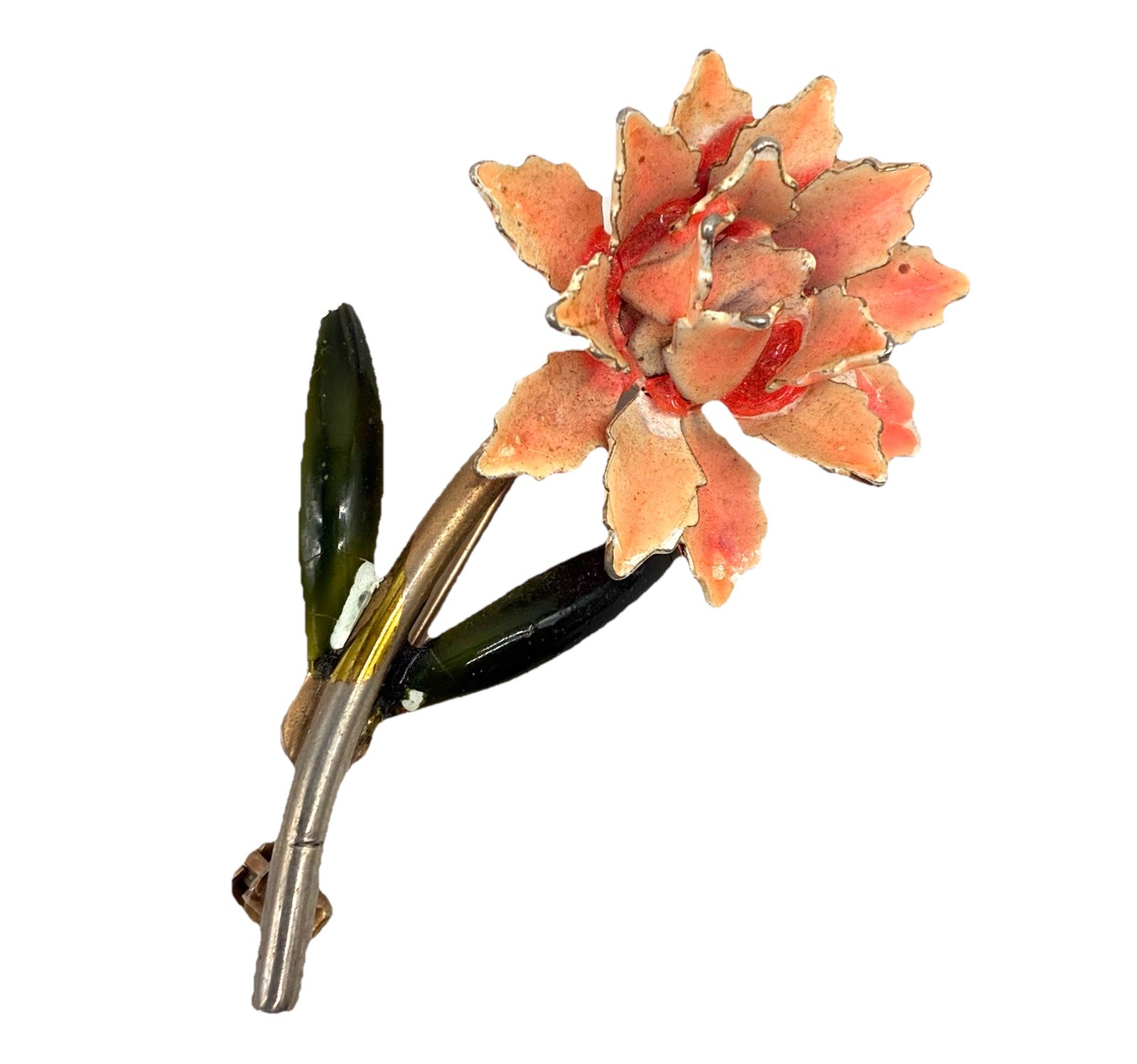 Vintage Flower Pin Brooch Soft Pink And Green Enamel Dimensional Metal Stemmed