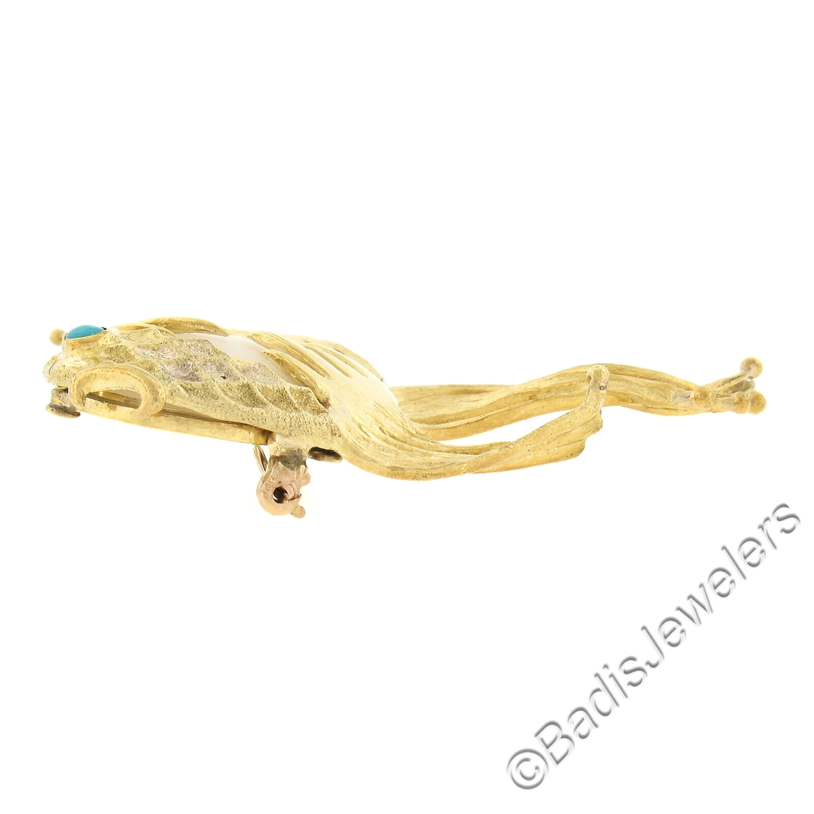 Gold Mabe Pearl & Turquoise Free Form Textured Detailed Fish Pin Brooch